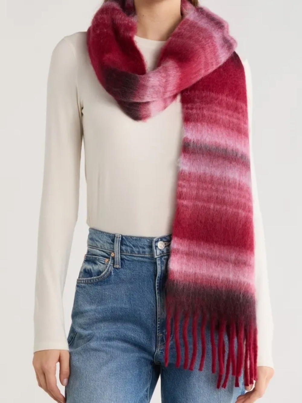 Nordstrom Ombre Fringe Scarf in Fuchsia, Pink and Burgundy, Brand New in Package